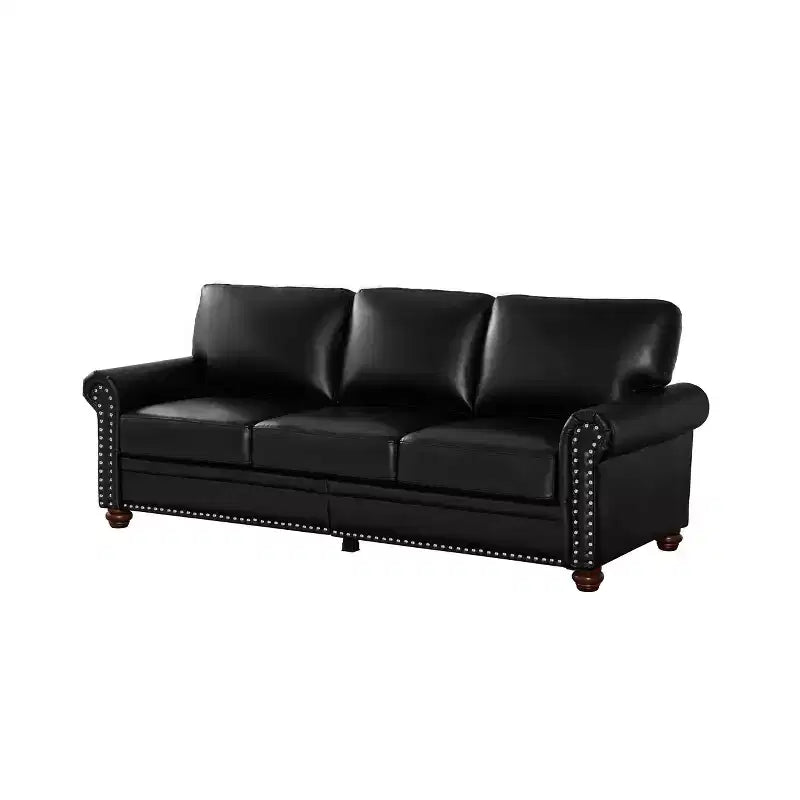 Divano Robusto con Decorazioni a Chiodi Argentati, 2 Pouf Contenitore Rimovibili, Rivestimento in PU con Chiodi Argentati, per Soggiorno o Ufficio, Nero