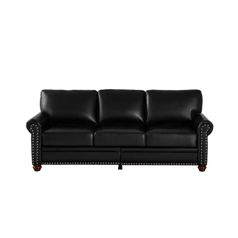 Divano Robusto con Decorazioni a Chiodi Argentati, 2 Pouf Contenitore Rimovibili, Rivestimento in PU con Chiodi Argentati, per Soggiorno o Ufficio, Nero
