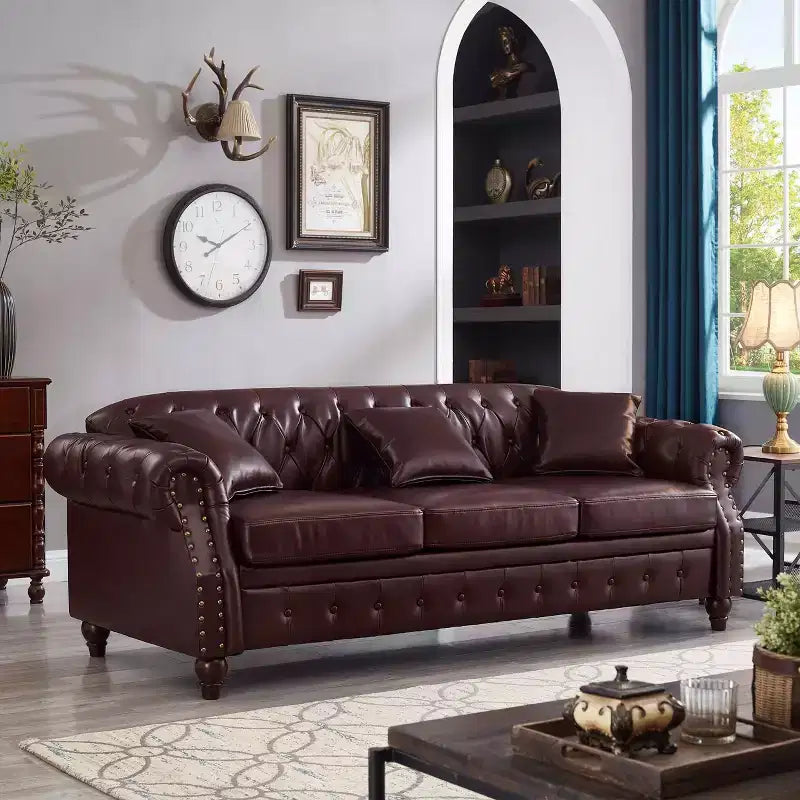 85.8 Divano Chesterfield da Soggiorno Design Classico Trapuntato Ecopelle PU Imbottito con Contenitore Borgogna
