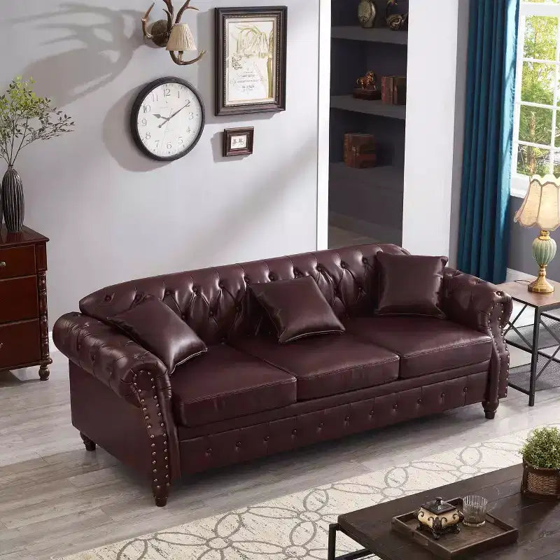 85.8 Divano Chesterfield da Soggiorno Design Classico Trapuntato Ecopelle PU Imbottito con Contenitore Borgogna
