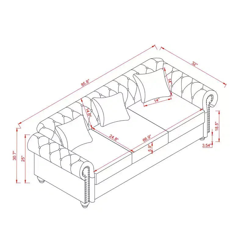 85.8 Divano Chesterfield da Soggiorno Design Classico Trapuntato Ecopelle PU Imbottito con Contenitore Borgogna
