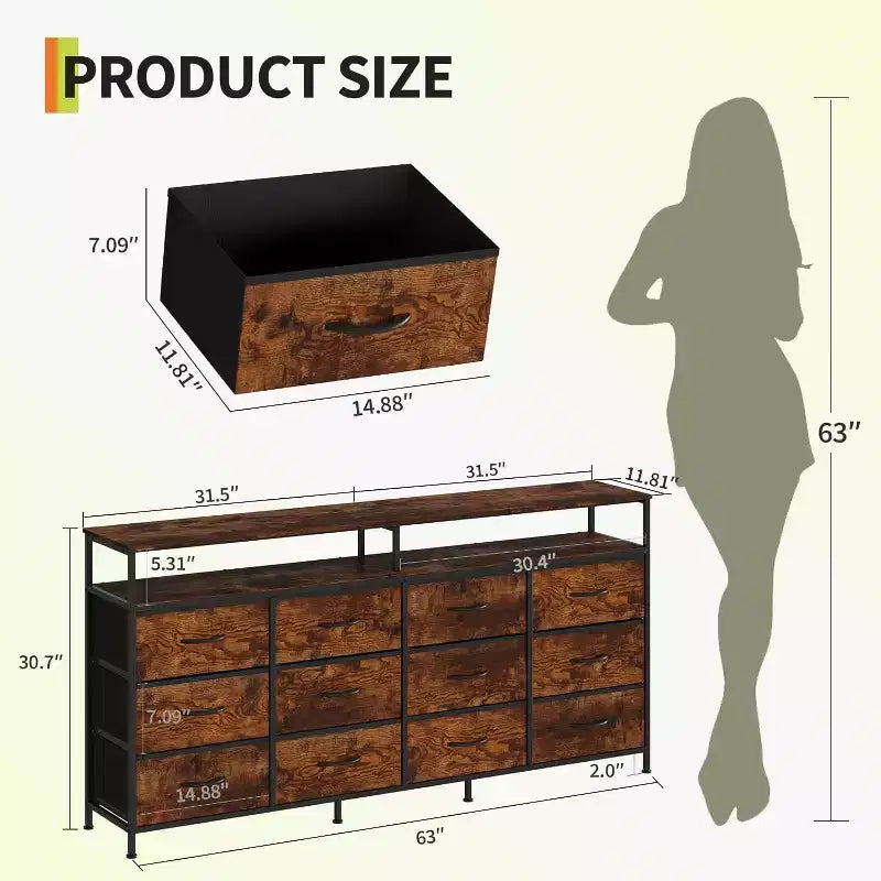 Cassettiera a 12 cassetti lunga 160 cm, porta TV per televisori da 55, 65, 70 pollici, con ripiani aperti per camera da letto e soggiorno, facile da montare