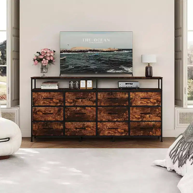 Cassettiera a 12 cassetti lunga 160 cm, porta TV per televisori da 55, 65, 70 pollici, con ripiani aperti per camera da letto e soggiorno, facile da montare