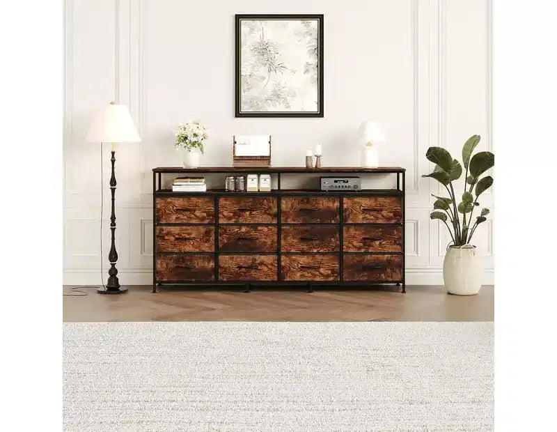Cassettiera a 12 cassetti lunga 160 cm, porta TV per televisori da 55, 65, 70 pollici, con ripiani aperti per camera da letto e soggiorno, facile da montare