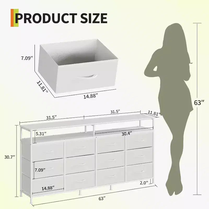 Cassettiera a 12 cassetti lunga 160 cm, porta TV per televisori da 55, 65, 70 pollici, con ripiani aperti per camera da letto e soggiorno, facile da montare