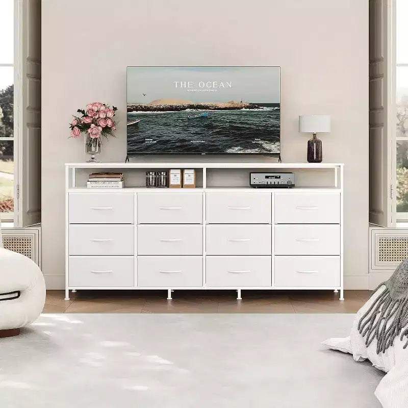Cassettiera a 12 cassetti lunga 160 cm, porta TV per televisori da 55, 65, 70 pollici, con ripiani aperti per camera da letto e soggiorno, facile da montare