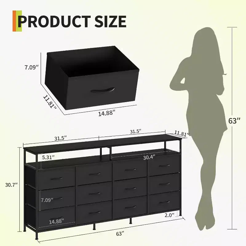 Cassettiera a 12 cassetti lunga 160 cm, porta TV per televisori da 55, 65, 70 pollici, con ripiani aperti per camera da letto e soggiorno, facile da montare