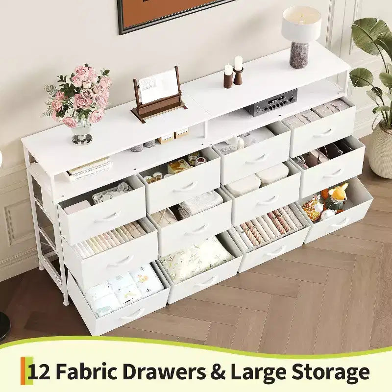 Cassettiera a 12 cassetti lunga 160 cm, porta TV per televisori da 55, 65, 70 pollici, con ripiani aperti per camera da letto e soggiorno, facile da montare