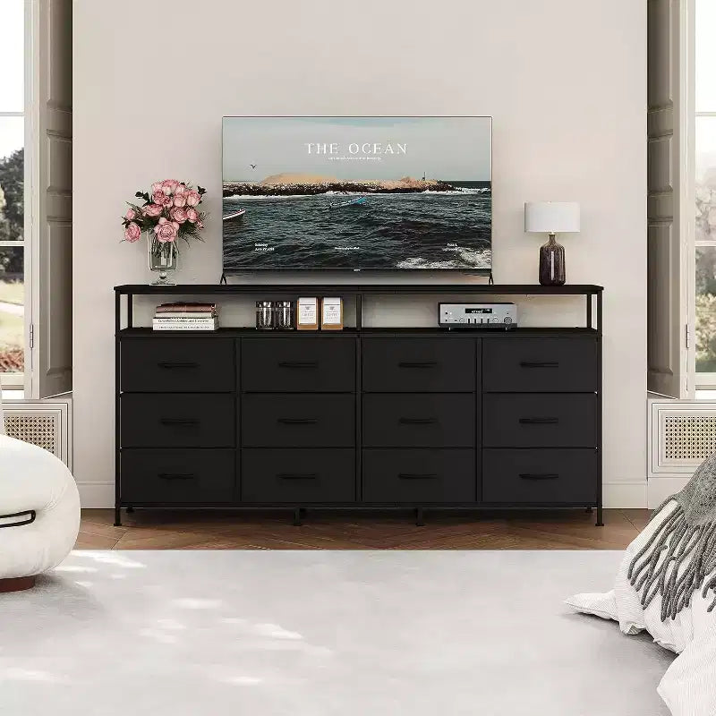 Cassettiera a 12 cassetti lunga 160 cm, porta TV per televisori da 55, 65, 70 pollici, con ripiani aperti per camera da letto e soggiorno, facile da montare