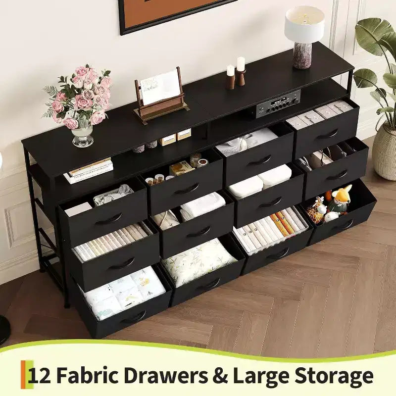 Cassettiera a 12 cassetti lunga 160 cm, porta TV per televisori da 55, 65, 70 pollici, con ripiani aperti per camera da letto e soggiorno, facile da montare