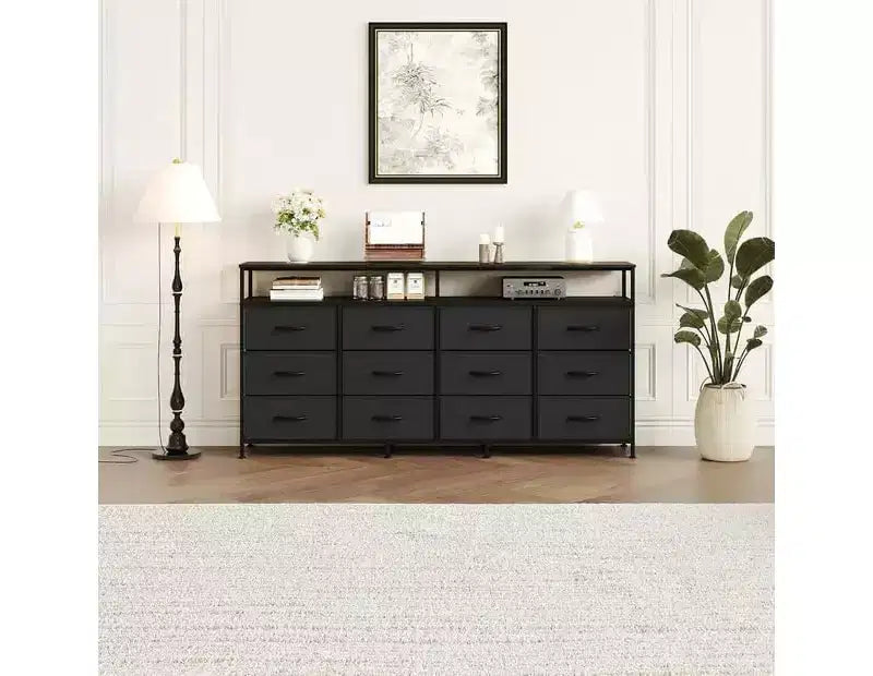 Cassettiera a 12 cassetti lunga 160 cm, porta TV per televisori da 55, 65, 70 pollici, con ripiani aperti per camera da letto e soggiorno, facile da montare