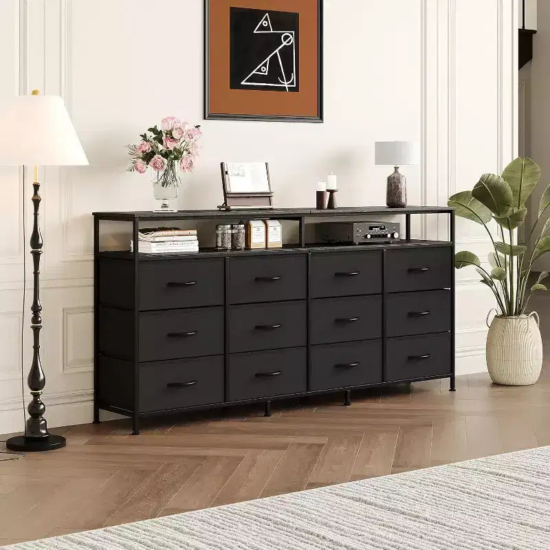 63 Inch Long 12-Drawer Dresser, TV Stand for 55 65 70 Inch TVs, with Open Shelves for Bedroom and Living Room, Easy Assembly
