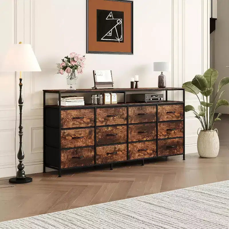 Cassettiera a 12 cassetti lunga 160 cm, porta TV per televisori da 55, 65, 70 pollici, con ripiani aperti per camera da letto e soggiorno, facile da montare