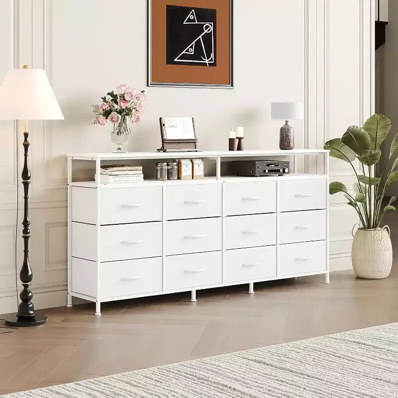 Cassettiera a 12 cassetti lunga 160 cm, porta TV per televisori da 55, 65, 70 pollici, con ripiani aperti per camera da letto e soggiorno, facile da montare