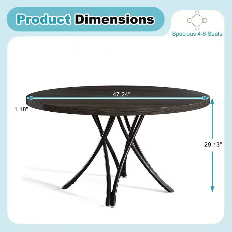 Tavolo da pranzo rotondo 47'' per 4 persone, moderno nero con gambe in metallo incrociate e piedini regolabili, industriale per cucina, sala da pranzo e ufficio