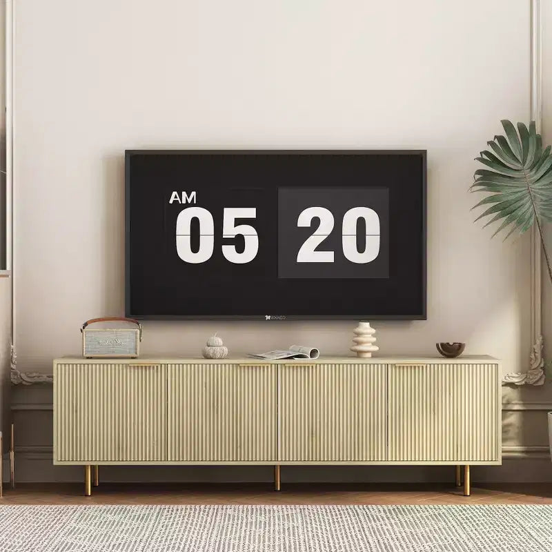 VIYET 69 Modern Fluted TV Stand for 55+ Inch TVs, Black MDF Media Console w/ 4 Storage Doors & Gold Legs