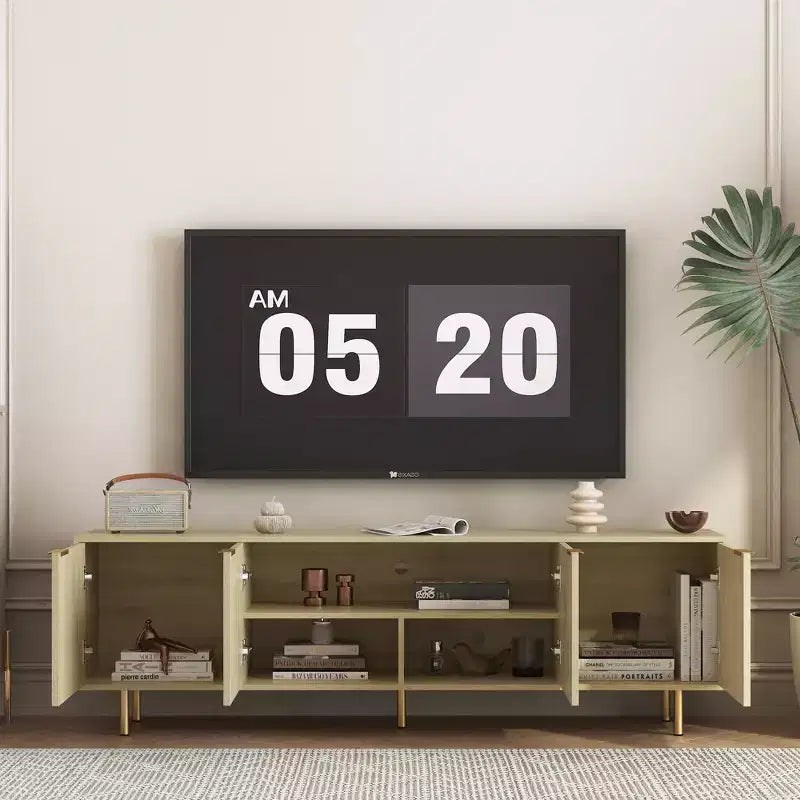Mobile TV moderno con scanalature da 69" per TV da 55"+, console multimediale in MDF nera con 4 ante portaoggetti e gambe dorate