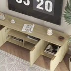 Mobile TV moderno con scanalature da 69" per TV da 55"+, console multimediale in MDF nera con 4 ante portaoggetti e gambe dorate