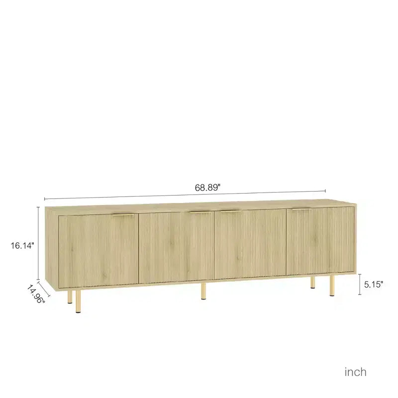 Mobile TV moderno con scanalature da 69" per TV da 55"+, console multimediale in MDF nera con 4 ante portaoggetti e gambe dorate