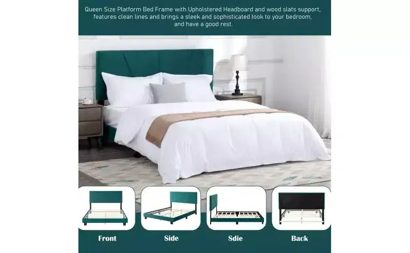Elegante Letto a Piattaforma Queen Size con Testiera Imbottita e Supporto a Doghe, Classico Letto in Legno per Camera da Letto Principale