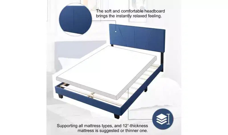 Elegante Letto a Piattaforma Queen Size con Testiera Imbottita e Supporto a Doghe, Classico Letto in Legno per Camera da Letto Principale