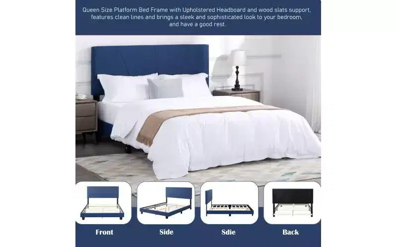 Elegante Letto a Piattaforma Queen Size con Testiera Imbottita e Supporto a Doghe, Classico Letto in Legno per Camera da Letto Principale