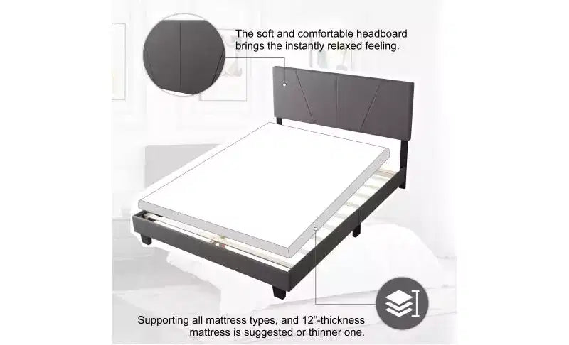 Elegante Letto a Piattaforma Queen Size con Testiera Imbottita e Supporto a Doghe, Classico Letto in Legno per Camera da Letto Principale