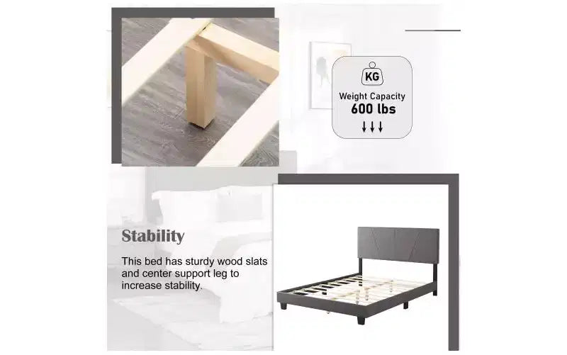 Elegante Letto a Piattaforma Queen Size con Testiera Imbottita e Supporto a Doghe, Classico Letto in Legno per Camera da Letto Principale