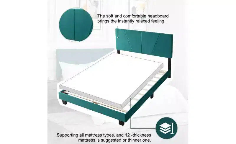 Elegante Letto a Piattaforma Queen Size con Testiera Imbottita e Supporto a Doghe, Classico Letto in Legno per Camera da Letto Principale
