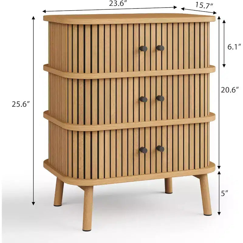 Cassettiera moderna a 3 cassetti con anta scorrevole, vimini naturale e gambe in legno, comodino per camera da letto, corridoio o soggiorno