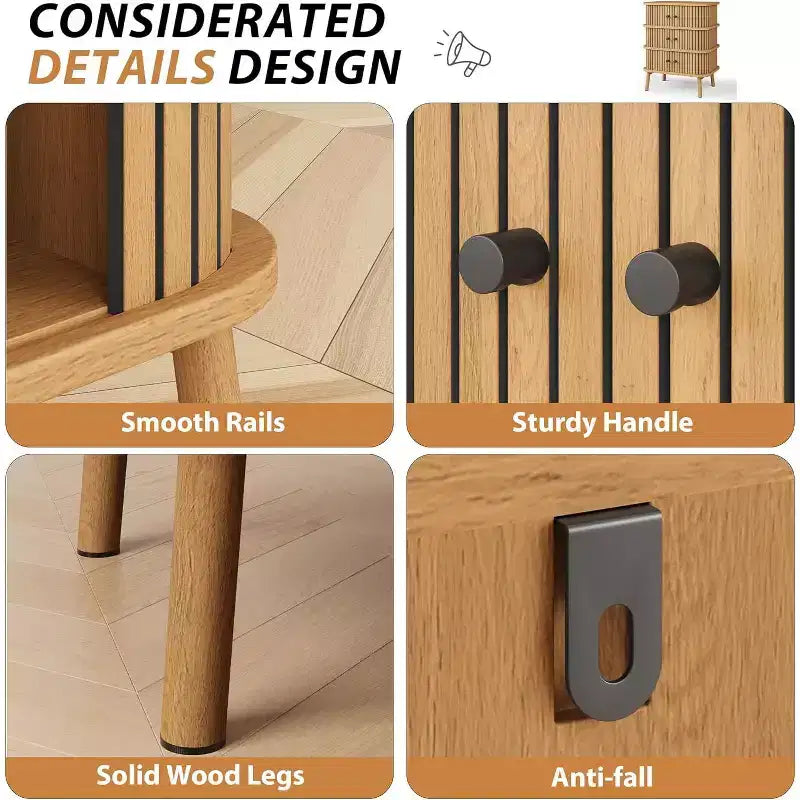 Cassettiera moderna a 3 cassetti con anta scorrevole, vimini naturale e gambe in legno, comodino per camera da letto, corridoio o soggiorno