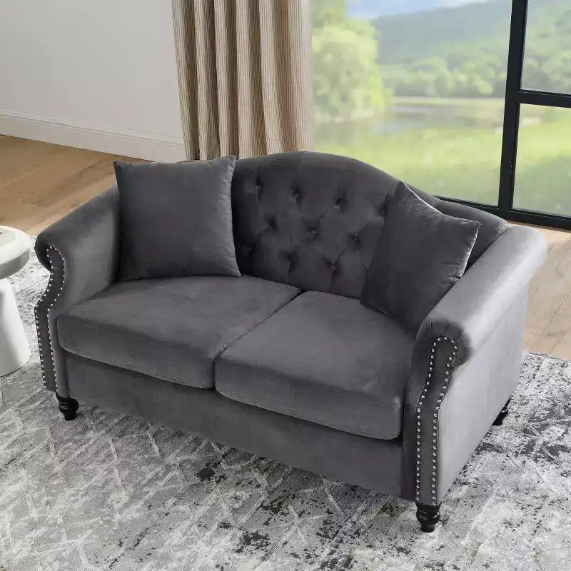 Divanetto Chesterfield in velluto da 57", divano a 2 posti con braccioli arrotolati, finiture con borchie per soggiorno piccolo, camera da letto, appartamento-Panipeachy