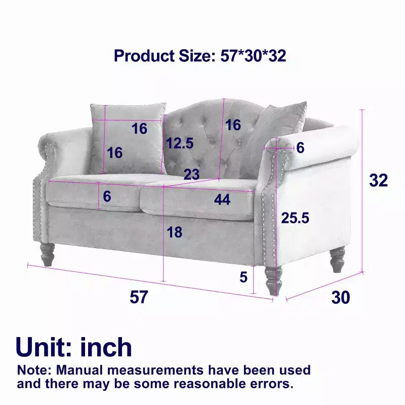 Divanetto Chesterfield in velluto da 57", divano a 2 posti con braccioli arrotolati, finiture con borchie per soggiorno piccolo, camera da letto, appartamento-Panipeachy