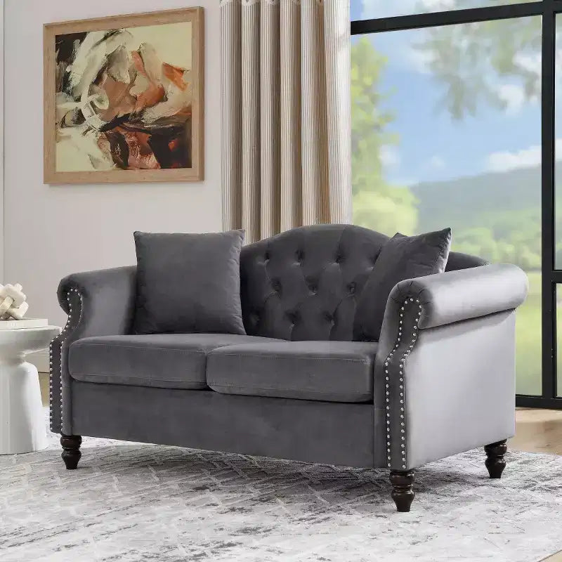 Divanetto Chesterfield in velluto da 57", divano a 2 posti con braccioli arrotolati, finiture con borchie per soggiorno piccolo, camera da letto, appartamento-Panipeachy