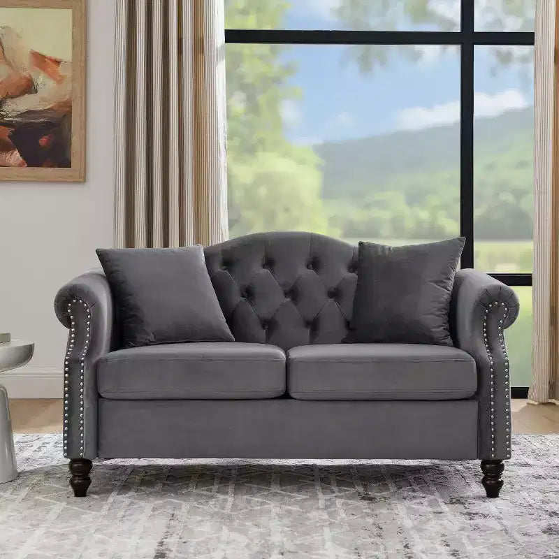 Divanetto Chesterfield in velluto da 57", divano a 2 posti con braccioli arrotolati, finiture con borchie per soggiorno piccolo, camera da letto, appartamento-Panipeachy