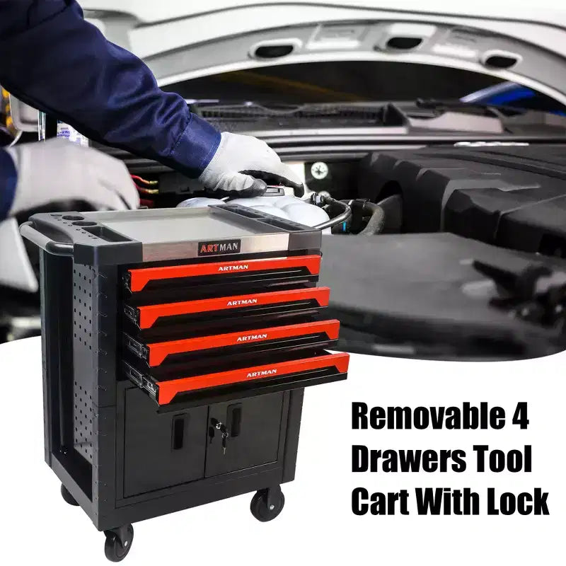 Carrello portautensili a 4 cassetti con ruote, organizer per attrezzi resistente e bloccabile per officina garage
