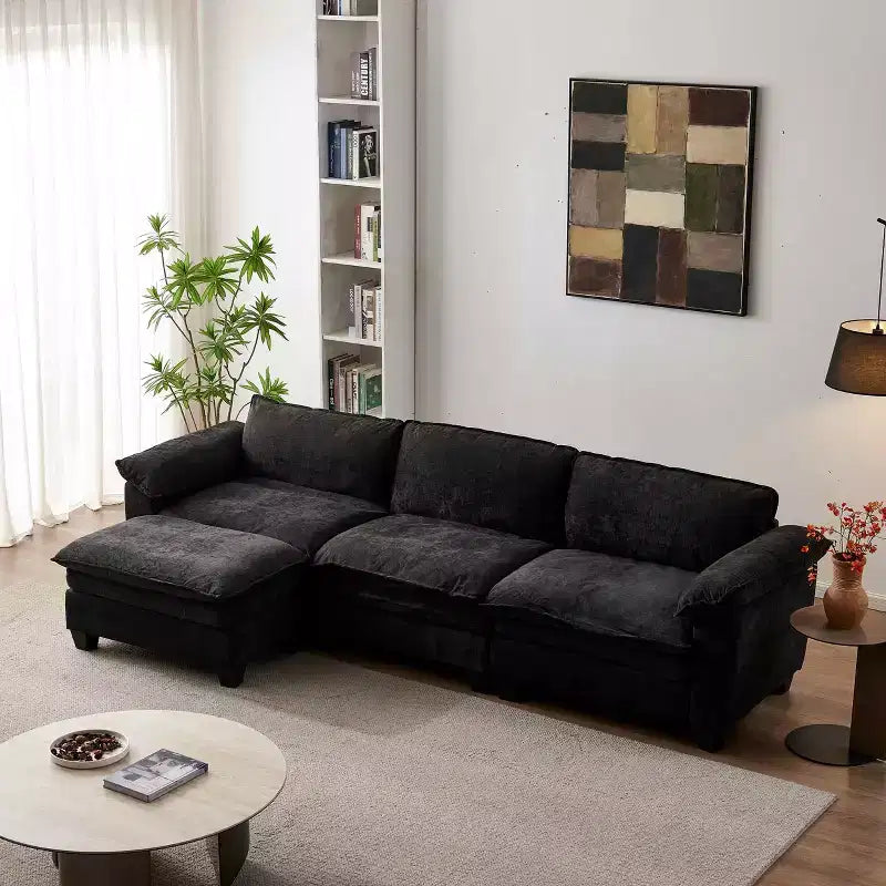Divano di lusso con pouf, divano angolare a L rivestito in ciniglia per soggiorno, nero