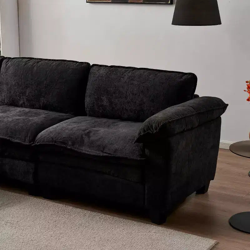 Divano di lusso con pouf, divano angolare a L rivestito in ciniglia per soggiorno, nero
