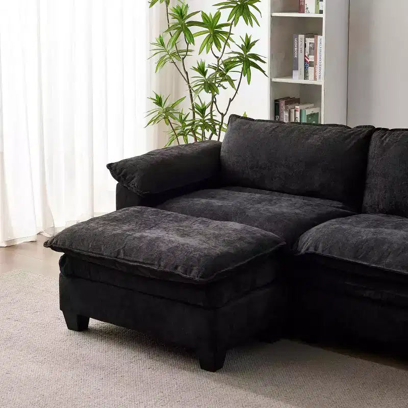 Divano di lusso con pouf, divano angolare a L rivestito in ciniglia per soggiorno, nero