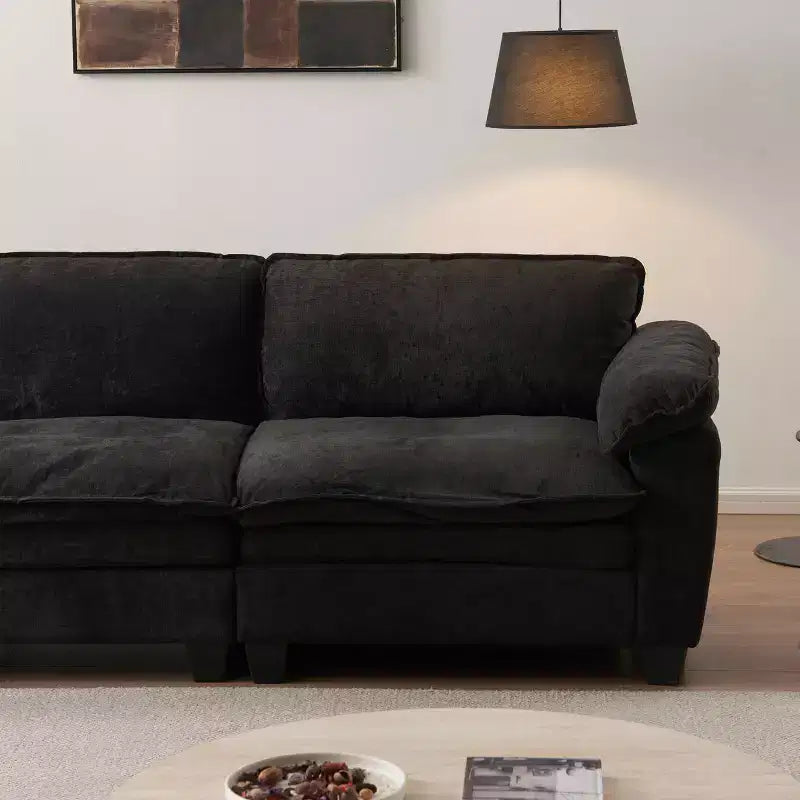 Divano di lusso con pouf, divano angolare a L rivestito in ciniglia per soggiorno, nero