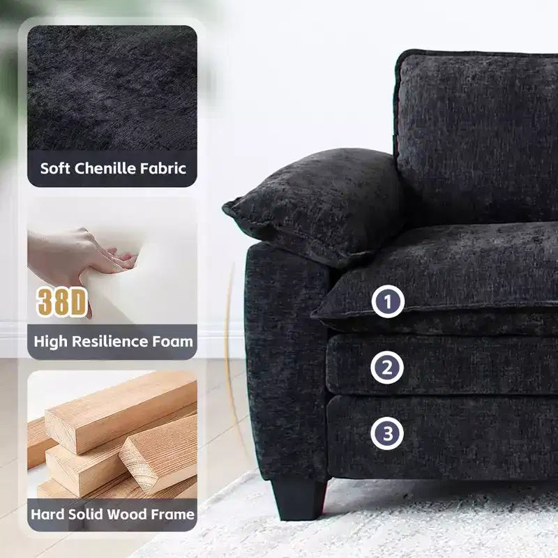 Divano di lusso con pouf, divano angolare a L rivestito in ciniglia per soggiorno, nero