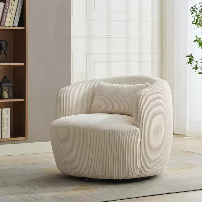 Poltrona girevole moderna con cuscino, Poltrona a botte imbottita in velluto a coste con braccioli, Poltrone comode per soggiorno, camera da letto