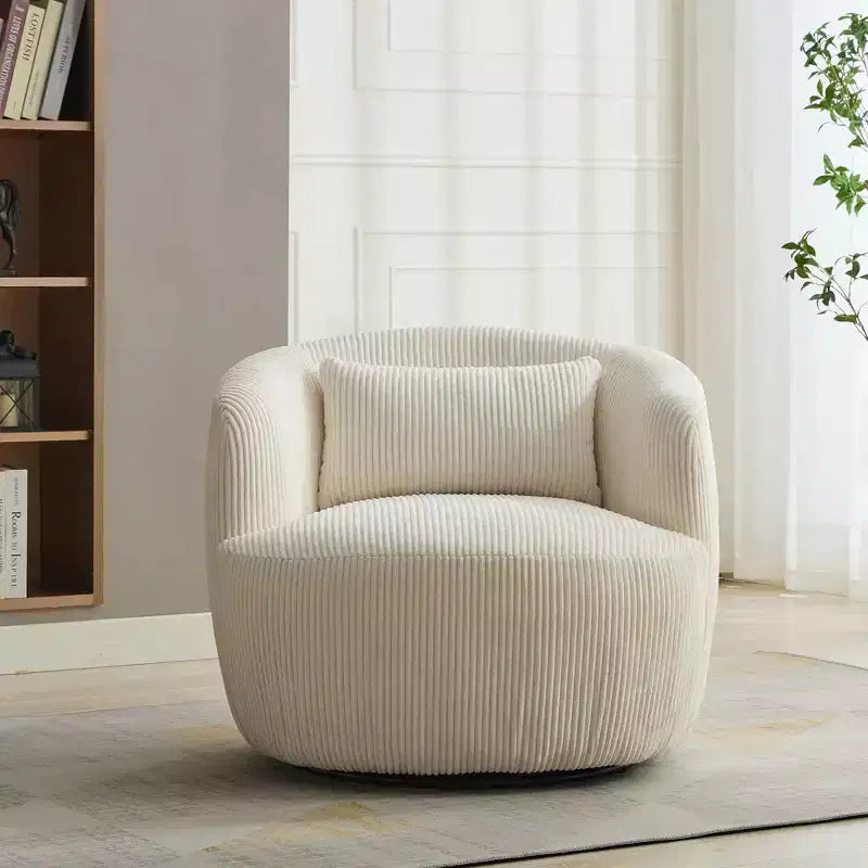 Poltrona girevole moderna con cuscino, Poltrona a botte imbottita in velluto a coste con braccioli, Poltrone comode per soggiorno, camera da letto