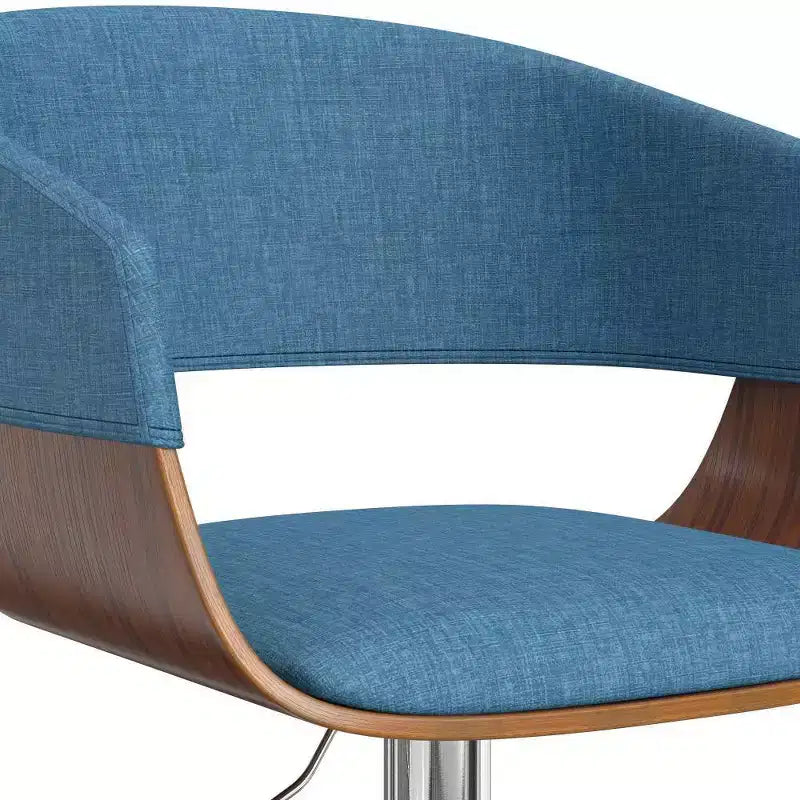 Sgabello da bar Calinda con rotelle regolabile blu: moderno di metà secolo, imbottito, gambe in acciaio