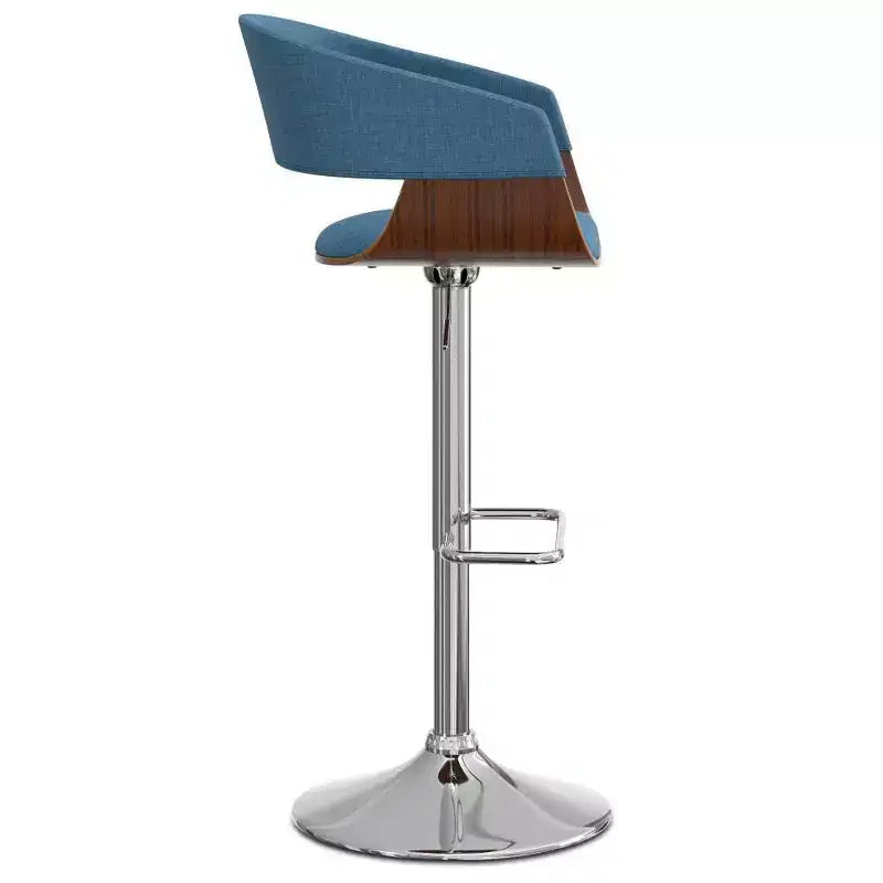 Sgabello da bar Calinda con rotelle regolabile blu: moderno di metà secolo, imbottito, gambe in acciaio