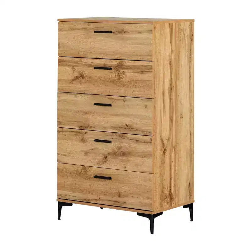 Cassettiera 5 cassetti Marrone/Rovere Nordik: Design Moderno Urbano, Maniglie e Gambe in Metallo, Superficie Laminata
