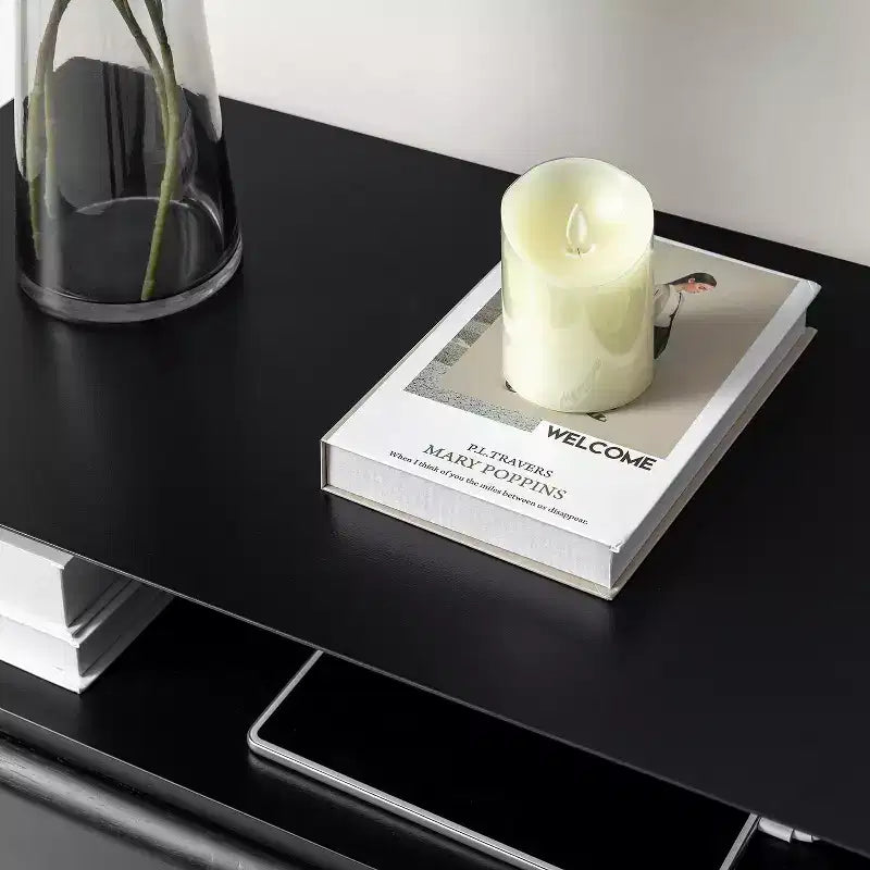 Tavolino finale Margery Mid-century Modern con 2 cassetti, prese integrate, gestione cavi e ripiano aperto