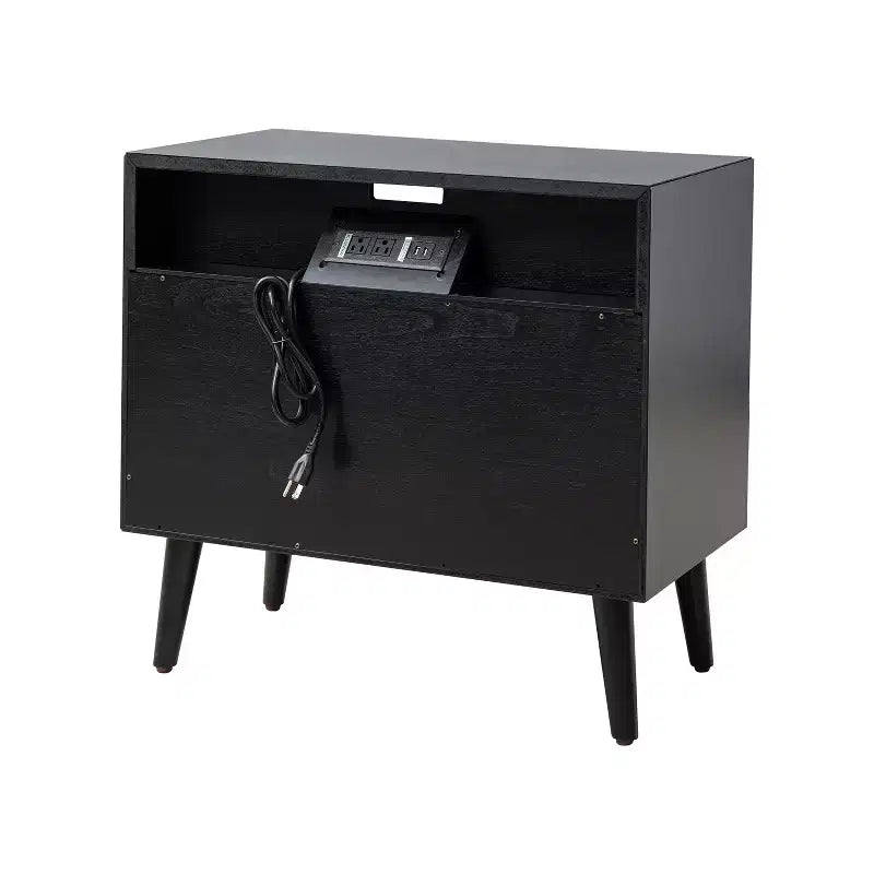 Tavolino finale Margery Mid-century Modern con 2 cassetti, prese integrate, gestione cavi e ripiano aperto