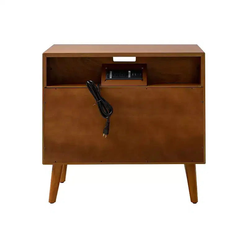 Tavolino finale Margery Mid-century Modern con 2 cassetti, prese integrate, gestione cavi e ripiano aperto