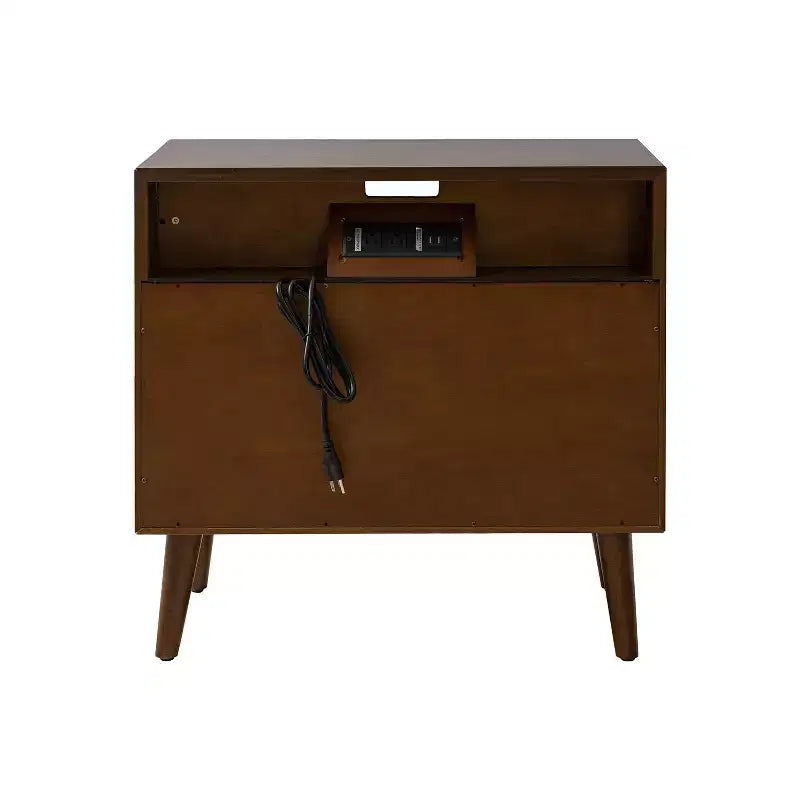 Tavolino finale Margery Mid-century Modern con 2 cassetti, prese integrate, gestione cavi e ripiano aperto